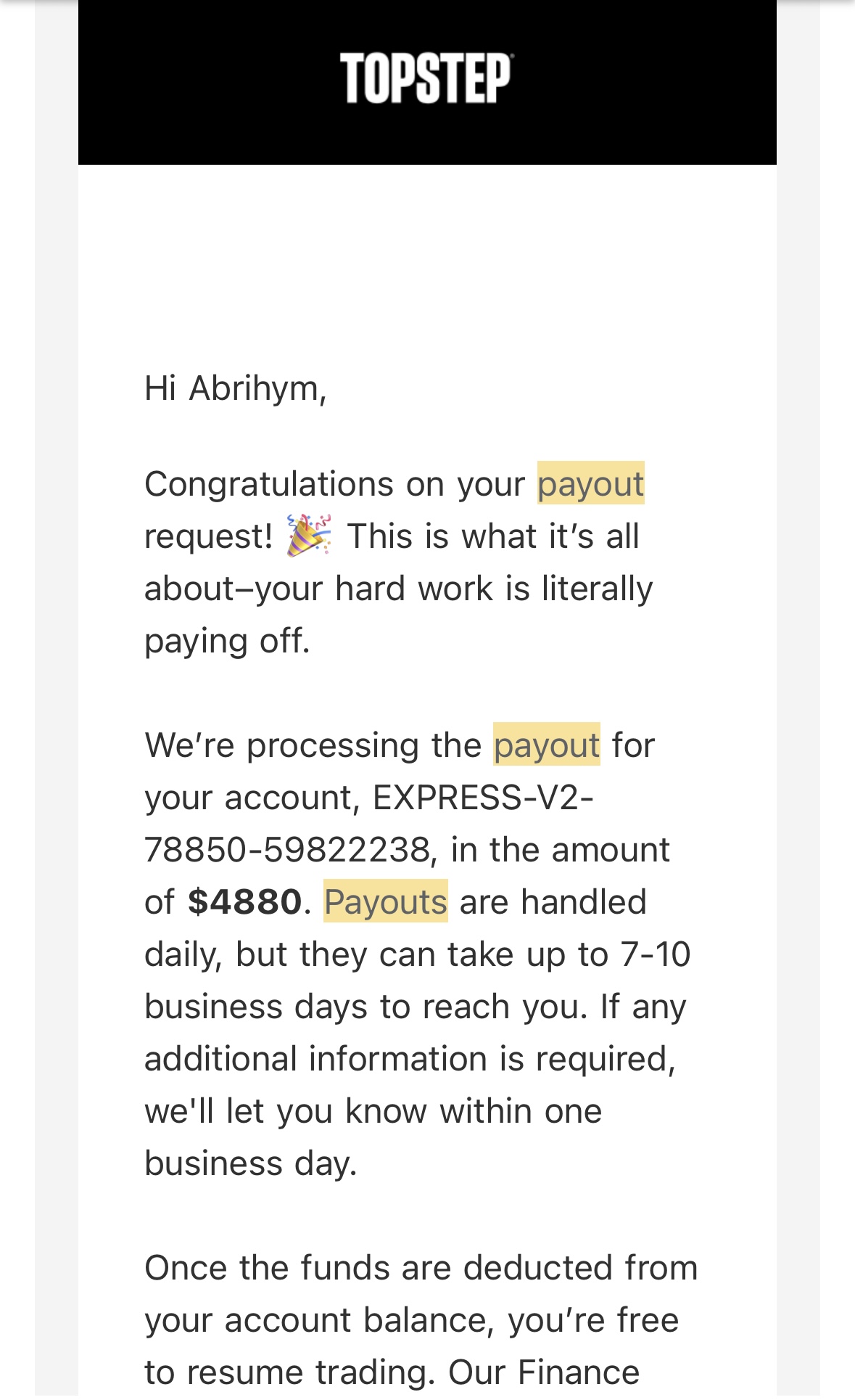 Topstep payout email confirming a $4,880 payout is being processed