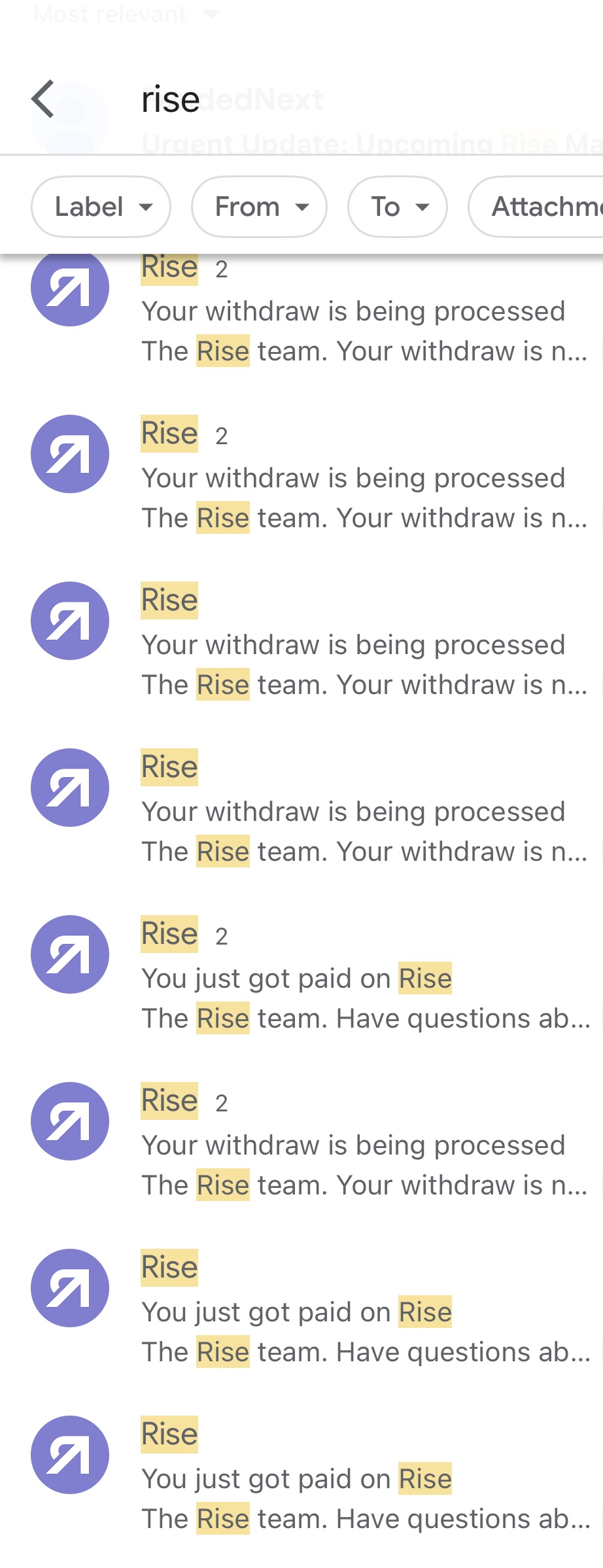 Inbox of Rise withdrawal emails — funds processed and paid out