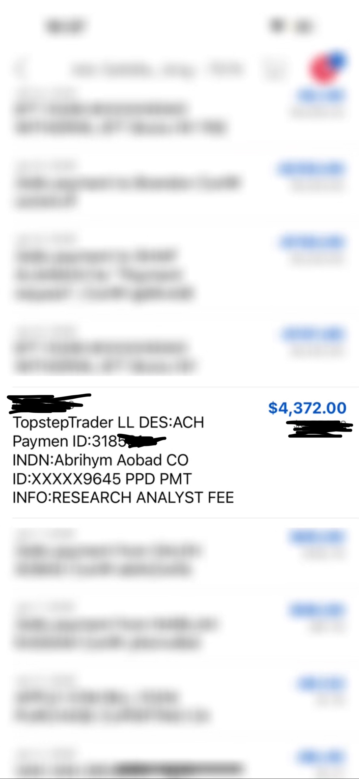 Bank statement showing a $4,372 ACH deposit from TopstepTrader