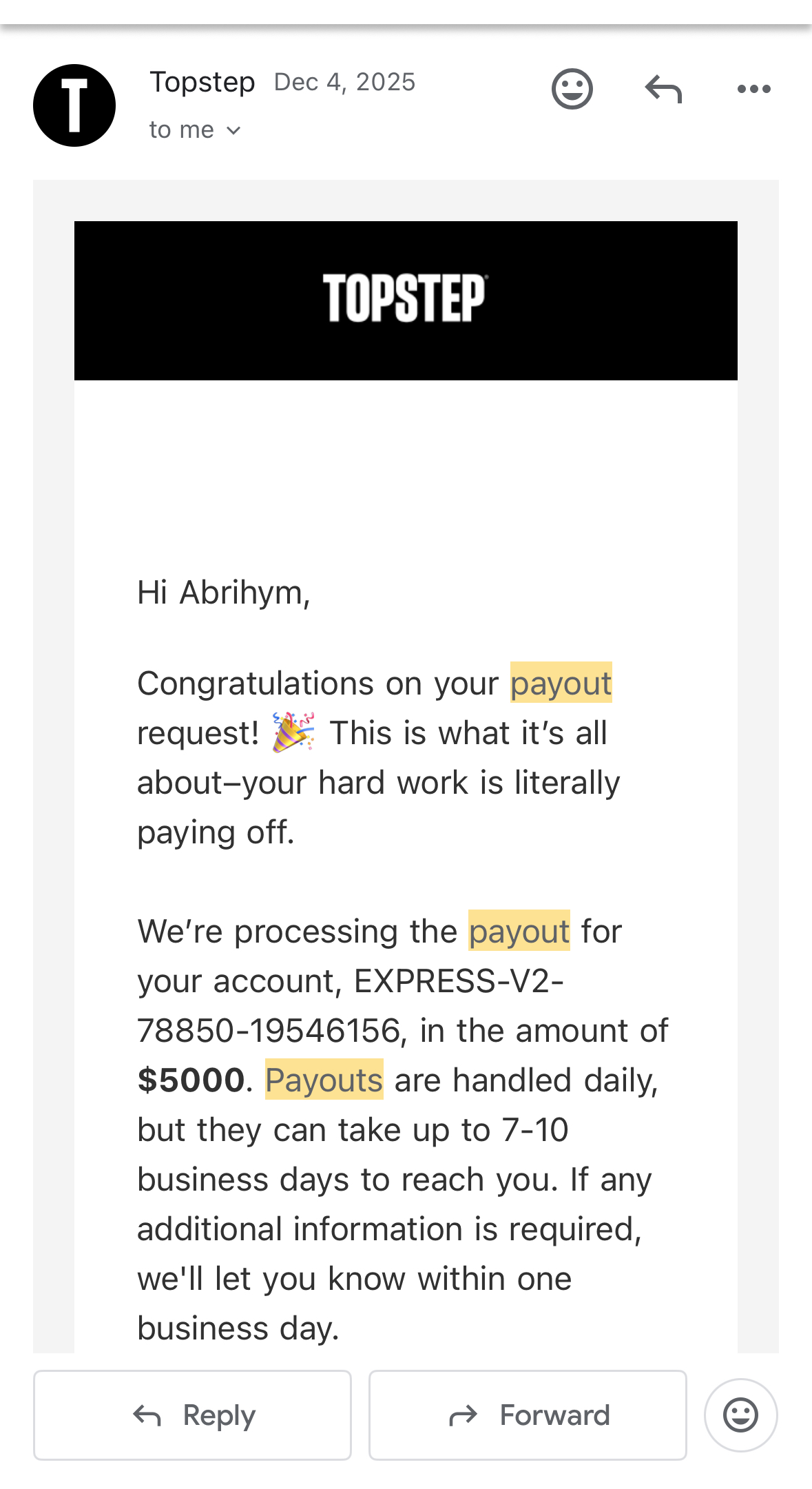 Topstep payout email confirming a $5,000 payout is being processed